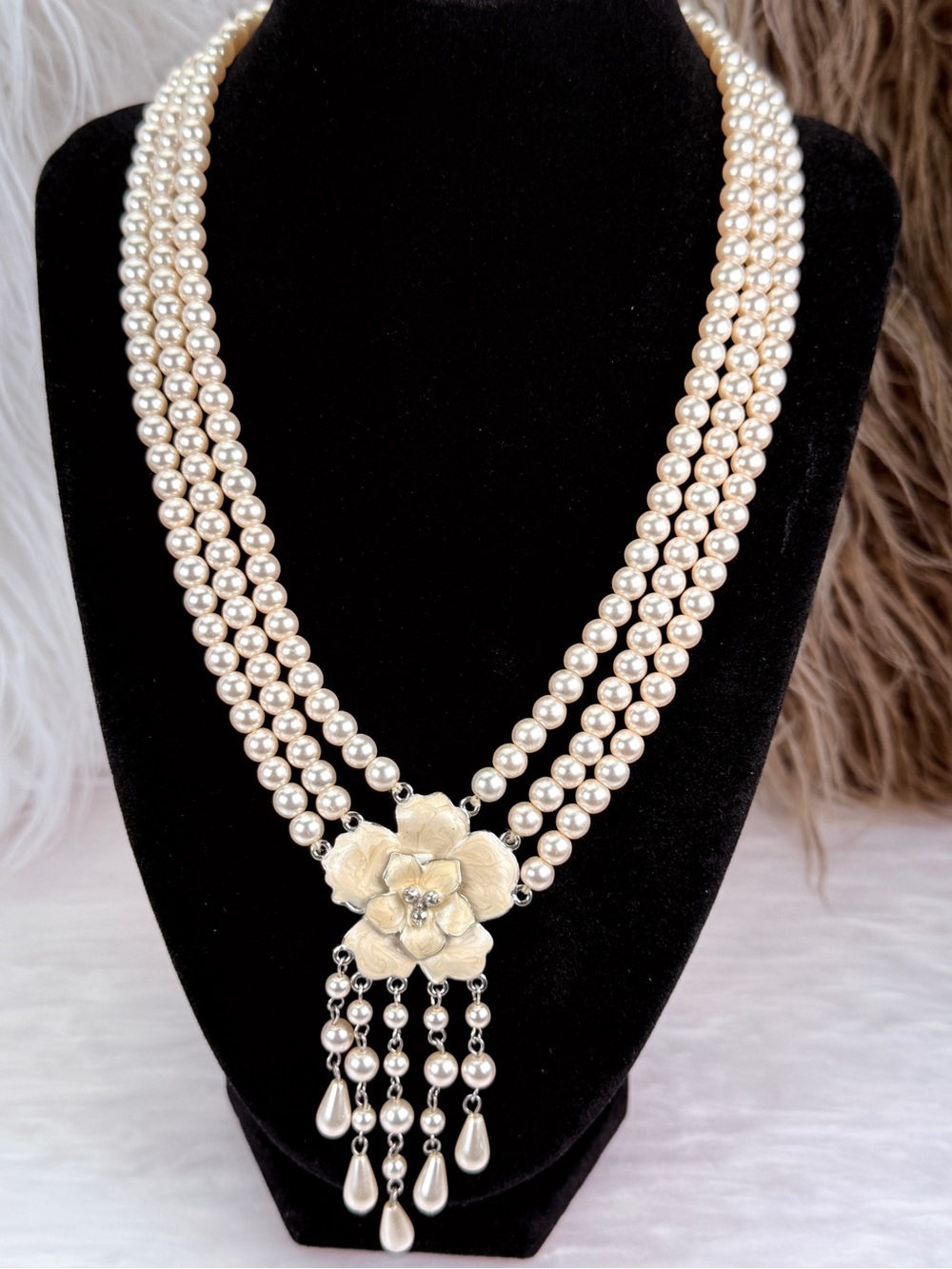 Vintage Triple Strand Faux Pearl Floral Pendant Statement Necklace